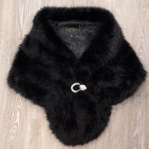 Laura Black Fur Shawl with Silver Brooch